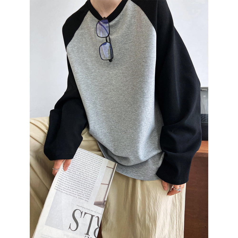 Casual Contrast Color Profile T shirt Women Loose Idle Color Block Raglan Sleeves Long Sleeve Bottoming Top