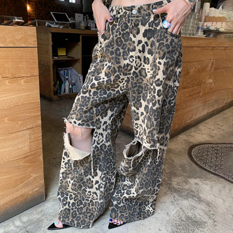 Autumn Vintage Leopard Print Printed High Waist Slimming Straight Pants Special Interest Design Ripped Jeans
