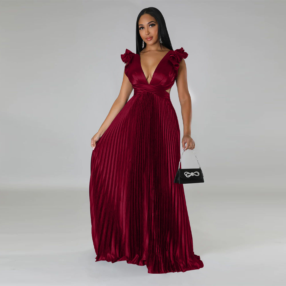 Women Clothing Artificial Silk Sexy Backless Deep V Plunge Pleated Dress Long Dress