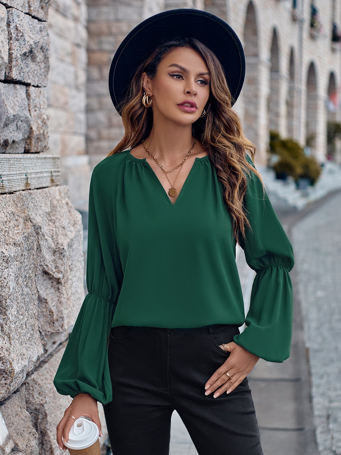Women Clothing Solid Color V neck Loose Casual Autumn Winter Women Top