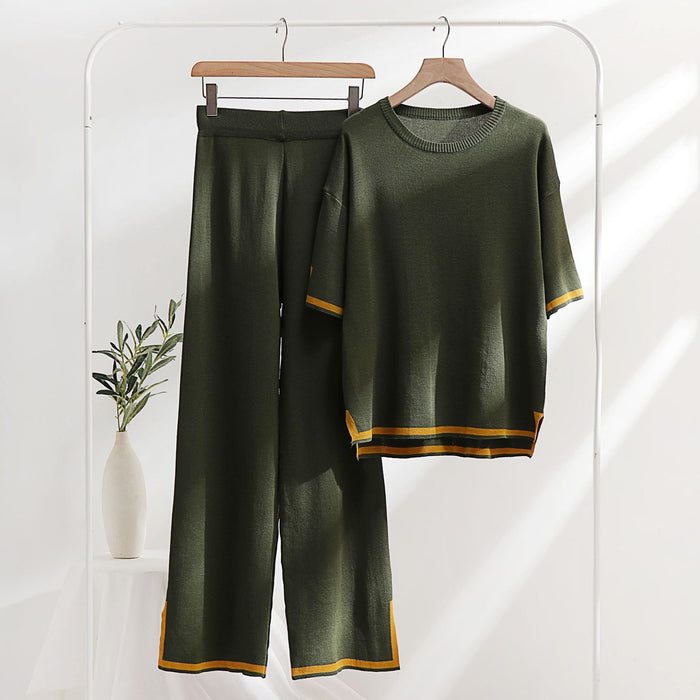 Classic Ice Silk Knitting Suit Women Spring Summer Two Piece Set Short Sleeve Stitching Casual Slimming Fashionable