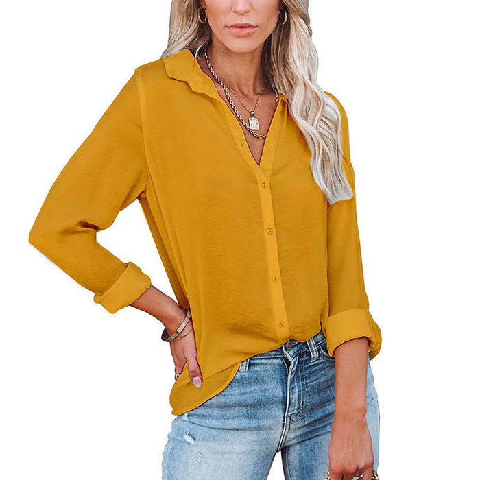 Women Clothing Autumn Winter Casual Loose Long Sleeve Buckle V neck Shirt Top