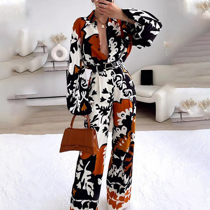 Autumn Women Bohemian Printing Color Contrast Casual Two Piece Set