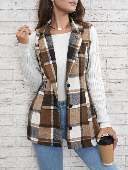 Spring Autumn Winter Women Top Polo Collar Single Breasted Vest Plaid Coat