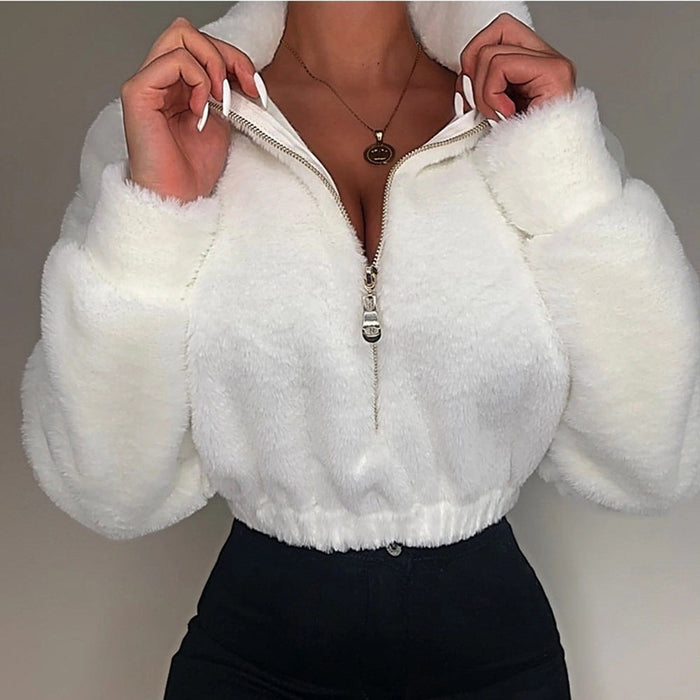 Autumn Winter Long Sleeve Soft Warm Stand Collar Zipper Fleece Pullover Women