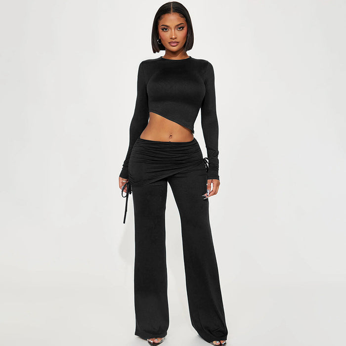 Basic Bevel Irregular Asymmetric Bottoming Top Drawstring Flared Culottes Casual Suit