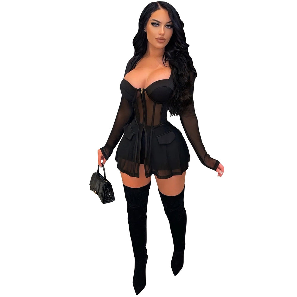 Solid Color Women Clothing Mesh See-through Chest Wrap Long Sleeve Shorts Two-Piece Set