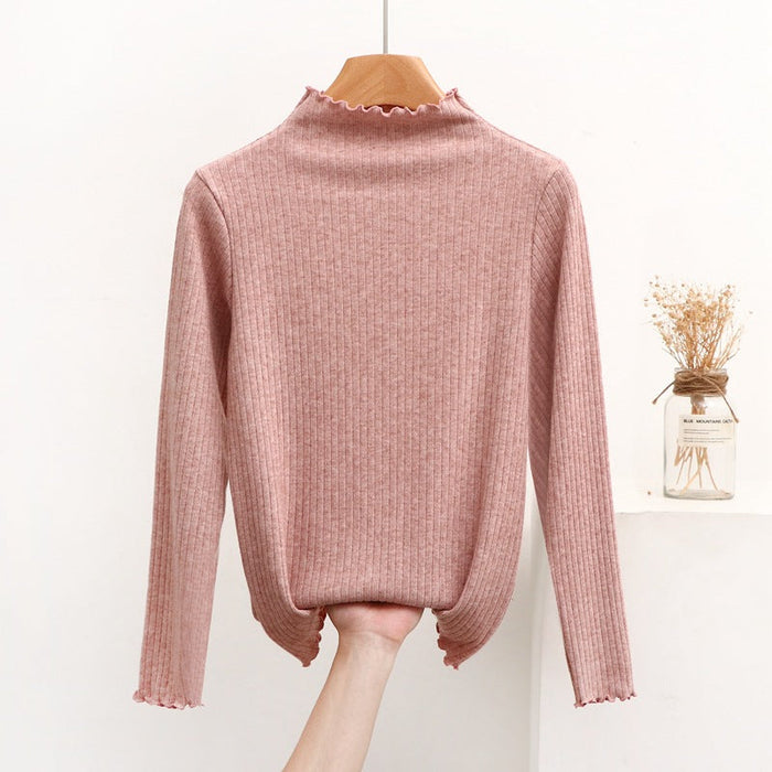 Women Half Turtleneck Slimming Stretch Sweater Spring Autumn Western Slim Fit Long Sleeve Bottoming Sweater Wooden Ear