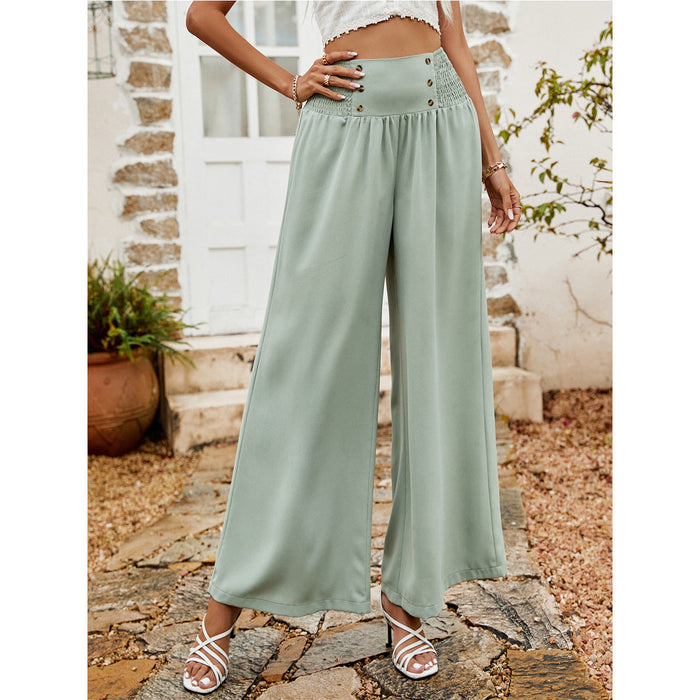 Spring Summer Casual Pants Pleating Button High Waist Women Wide Leg Pants