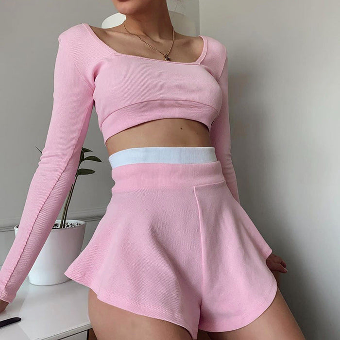 Sports Women Clothing Contrast Color Fit Top Sexy Culottes Suit