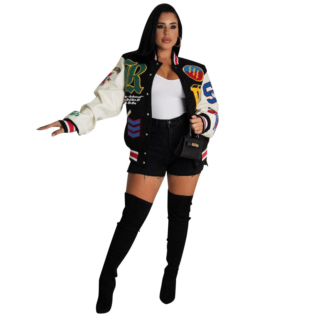 Women Clothing Single-Breasted Slim Jacket Stitching Long Sleeve Varsity Jacket Coat