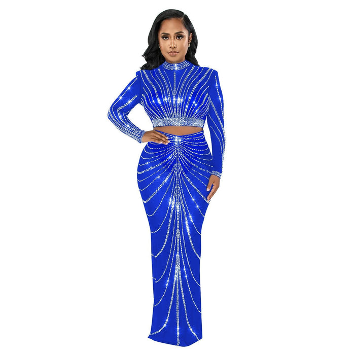 Women Wear Mesh Drilling See through Long Sleeve Dress Two Piece Set