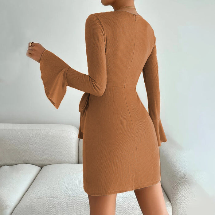 Women Clothing Autumn Winter round Neck Slimming Sheath Waffle Long Sleeve Sexy A line Dress