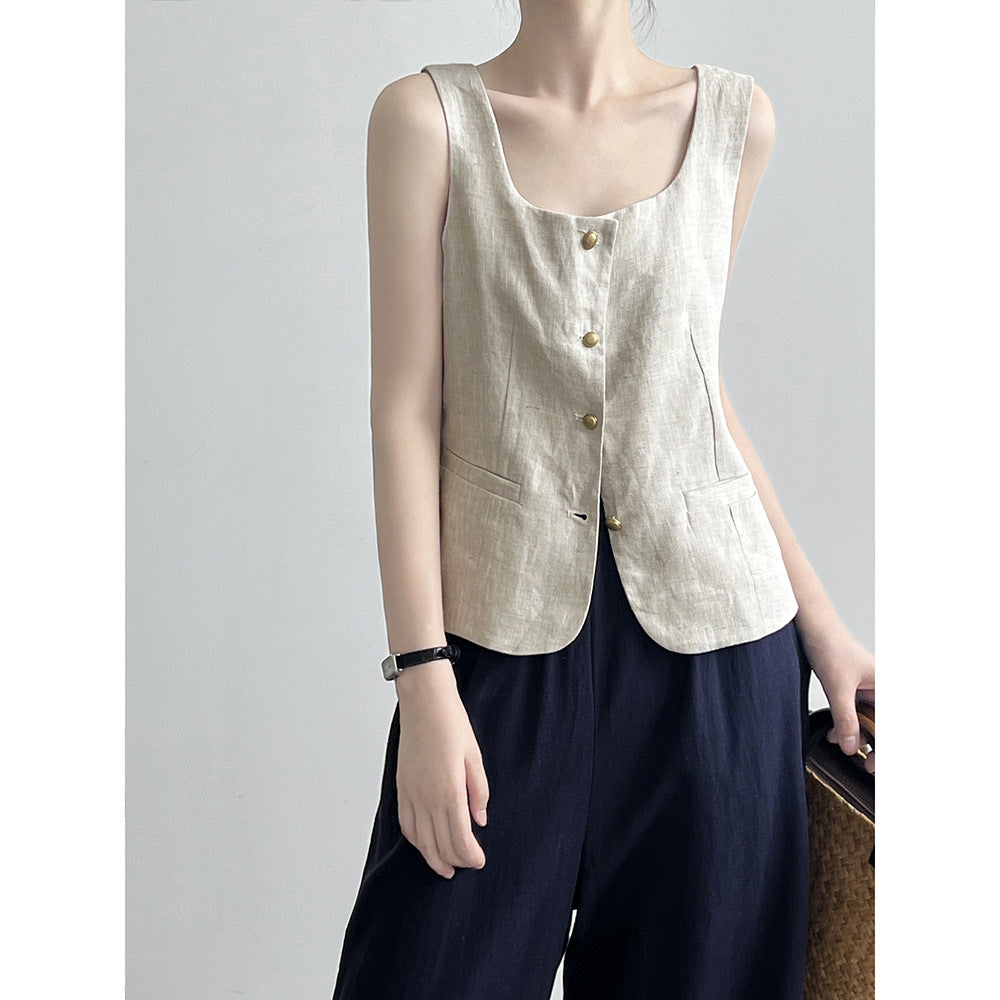 Retro Linen Vest for Women Autumn Special-Interest Square Collar Sleeveless Short Top
