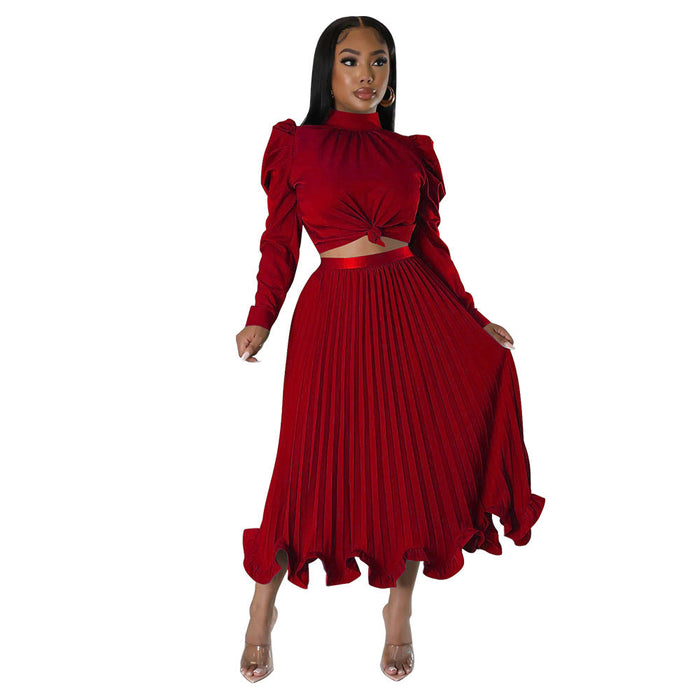 Autumn Women Clothing Puff Sleeve Top Ruffled Pleated Skirt Two Piece Set