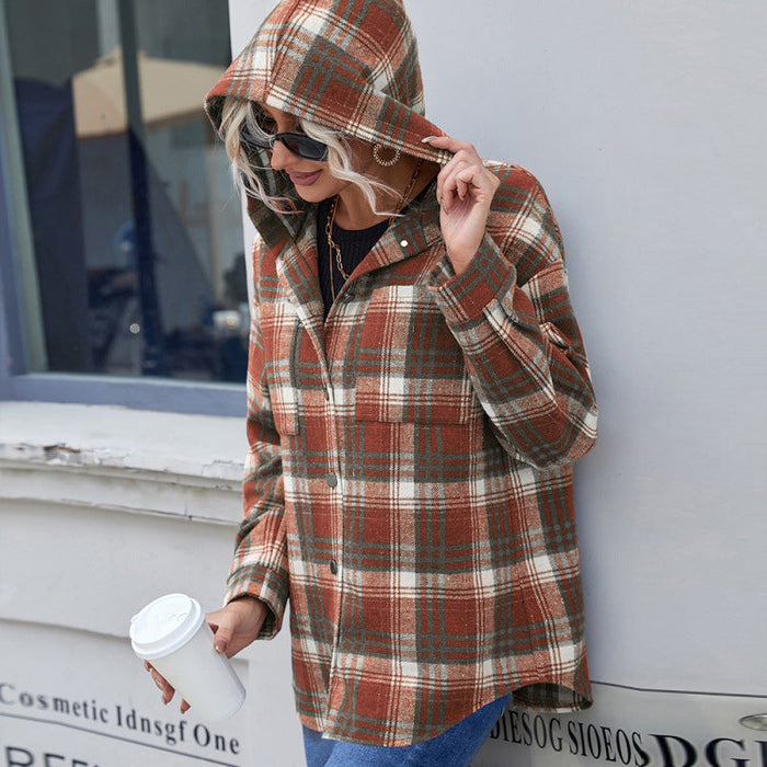 Loose Casual Long Sleeves Single-Breasted Plaid Hooded Jacket Coat Dovetail Plaid Shacket Jacket for Women