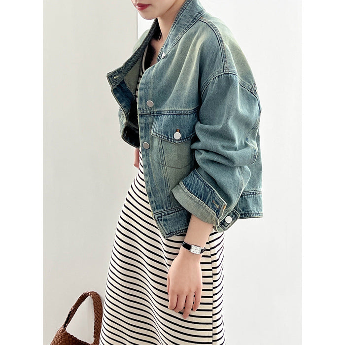 Denim Jacket Women  Short Autumn Korean Fashionable Stand Collar Design Coat