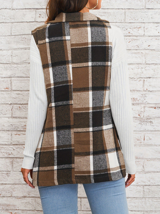 Spring Autumn Winter Women Top Polo Collar Single Breasted Vest Plaid Coat