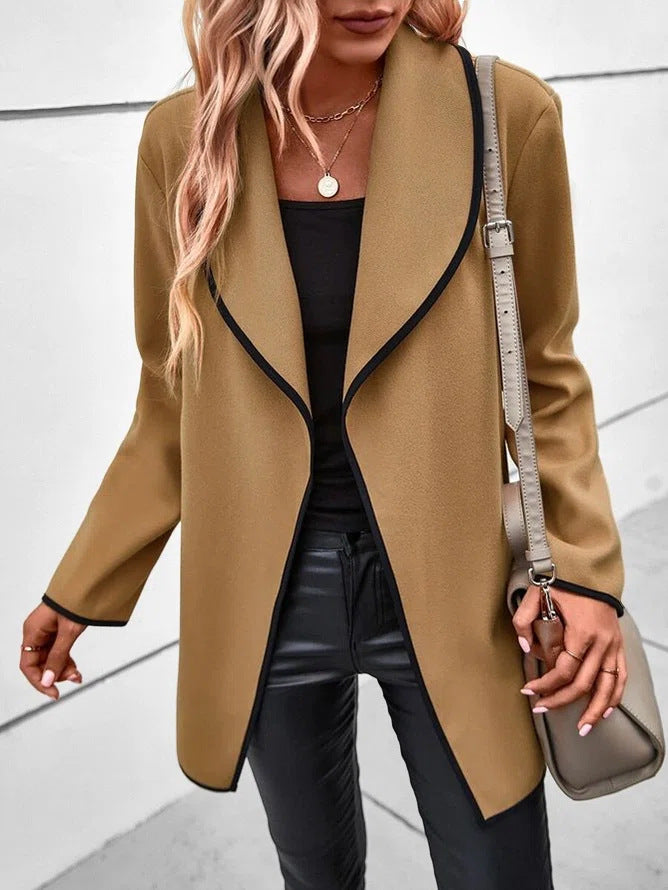Autumn Winter Solid Color Polo Collar Slim Fitting All Matching Long Sleeved Woolen Coat Women