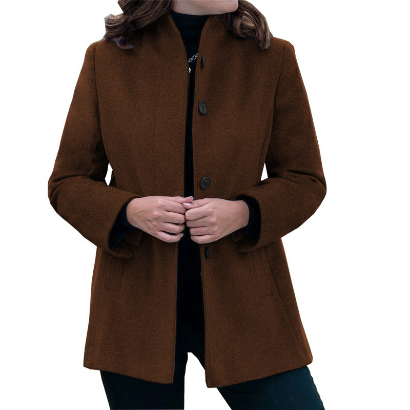 Autumn Winter Simplicity Long Sleeve Collared Button Slim-Fit Woolen Coat Women