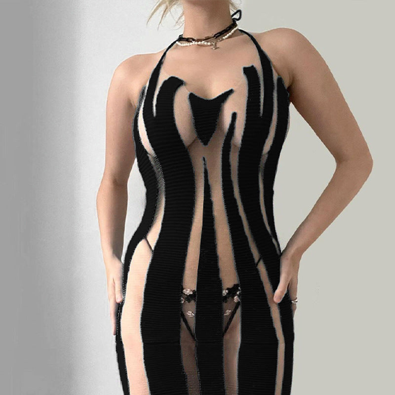 Women Clothing Spring Summer Sexy Mesh Stitching See through Backless Lace up Dress