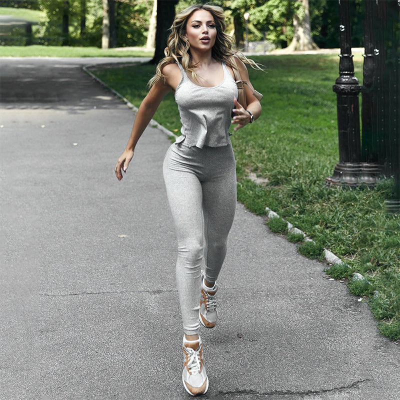 Women Clothing Autumn Vest Split Top Tight Trousers Sports Casual Set