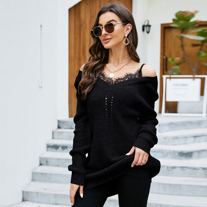 Sexy Lace Stitching Pullover V neck Sweater Women Loose False Two Pieces Top Sweater