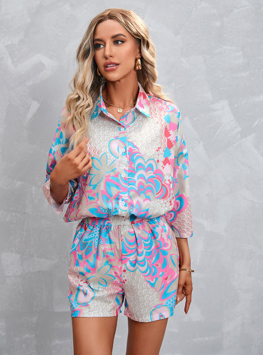 Women Clothing Printed 3/4 Sleeves Shorts Casual Suit