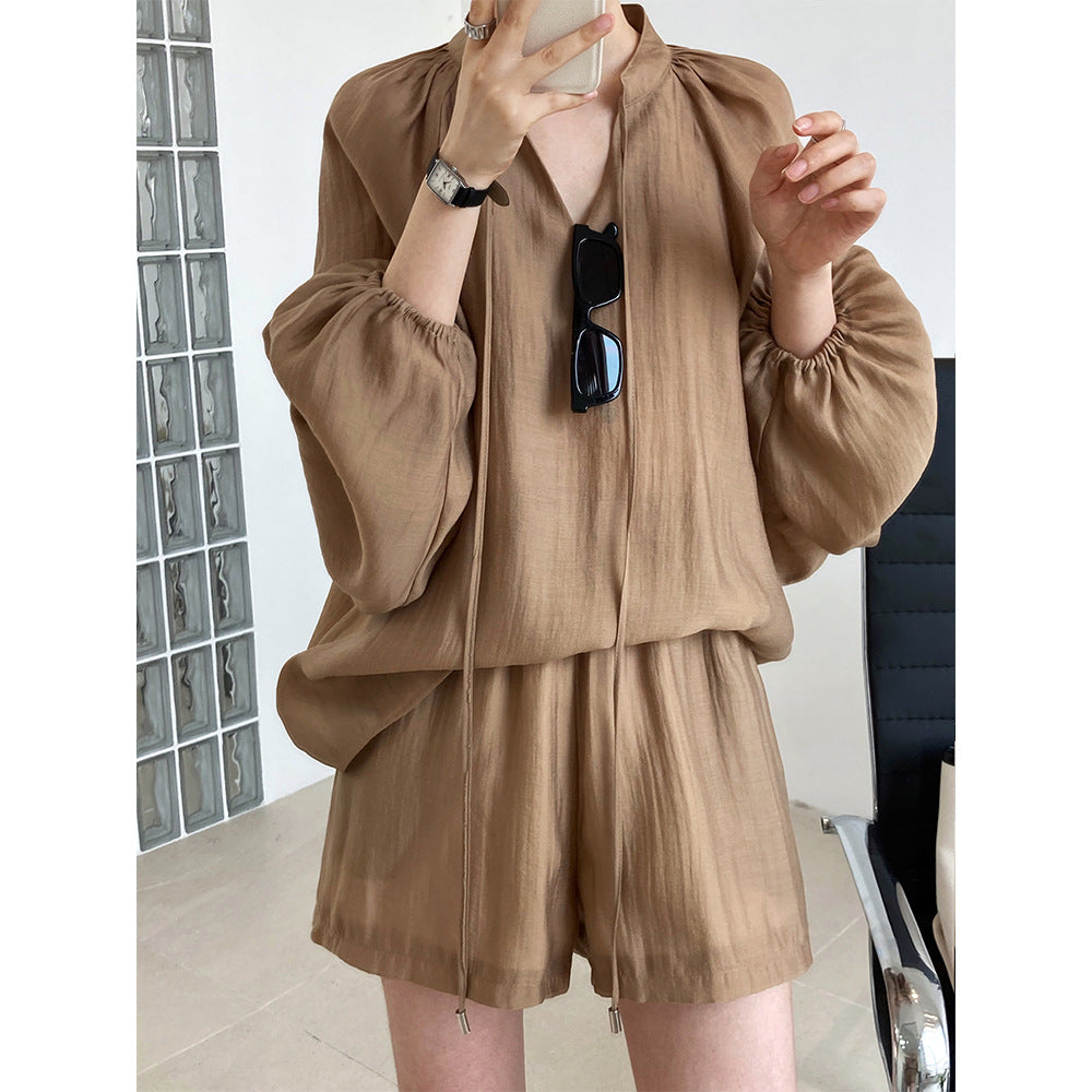 Summer Sports Casual Lace-up Long Sleeve Sun Protection Clothing Wide Leg Shorts Suit Two-Piece Set