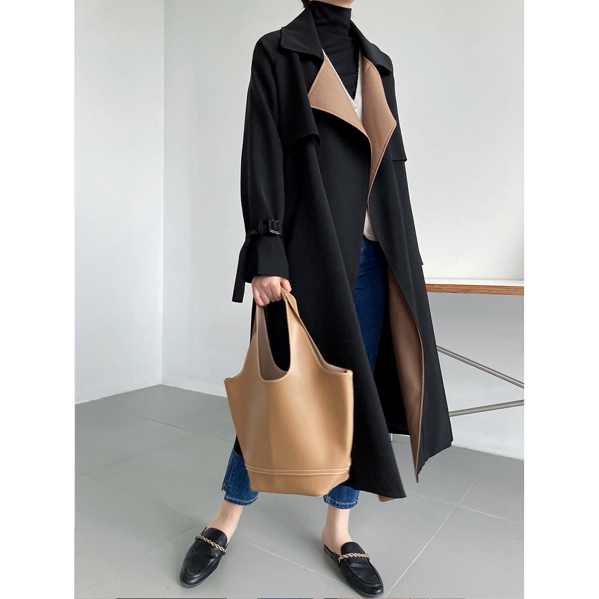 Elegant Stitching Contrast Color Trench Coat Women Mid-Length over-the-Knee Large Collared Waist-Controlled Overcoat