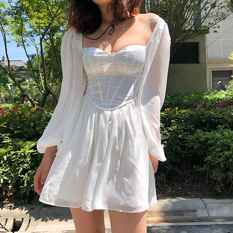 Summer Trends Women Clothing Square Collar Puff Sleeve Mesh Slim Fit A line Dress