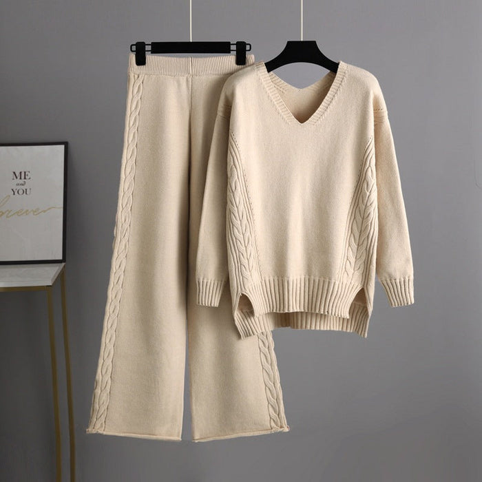 Knitted Wide Leg Pants Sweater Suit for Women Autumn Korean Loose Thick Twet