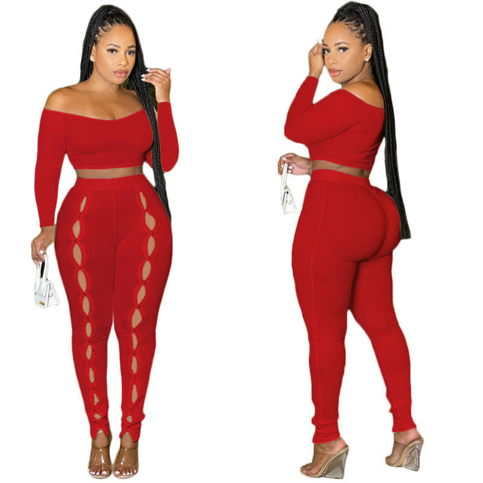 Women Clothing Autumn Sexy Solid Color off Shoulder Hollow Out Cutout Cropped Two Piece Set