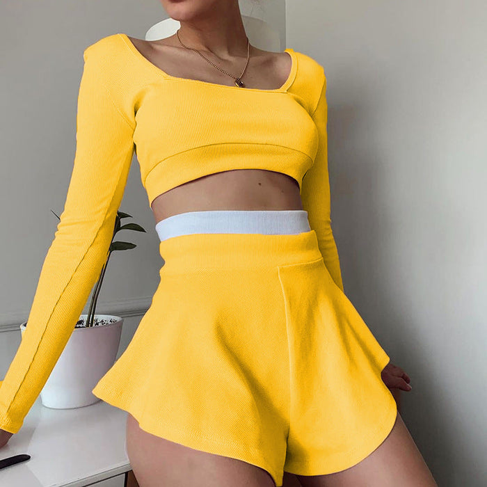 Sports Women Clothing Contrast Color Fit Top Sexy Culottes Suit