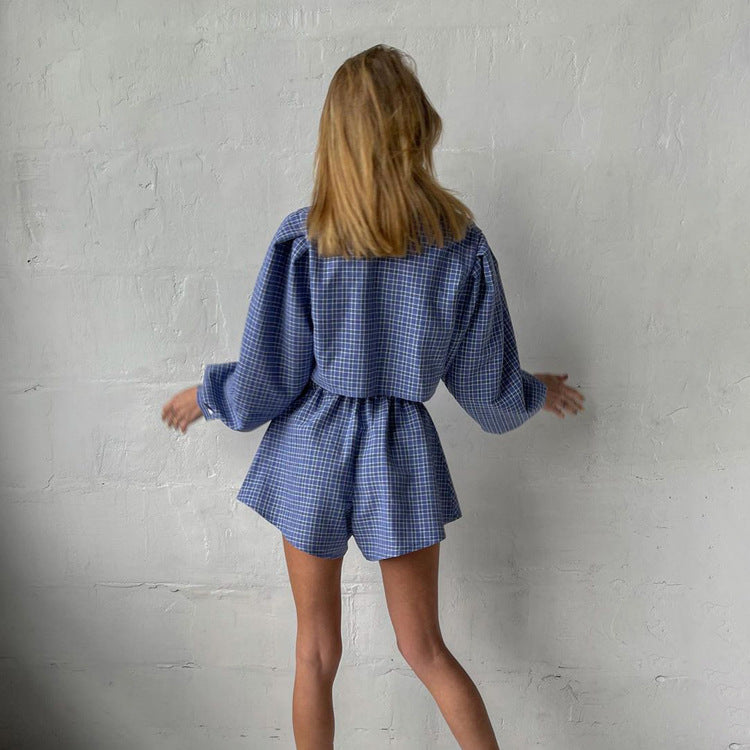 Blue Plaid Street Retro Long Sleeves Cropped Shirt Shorts sets Summer Women  Clothing
