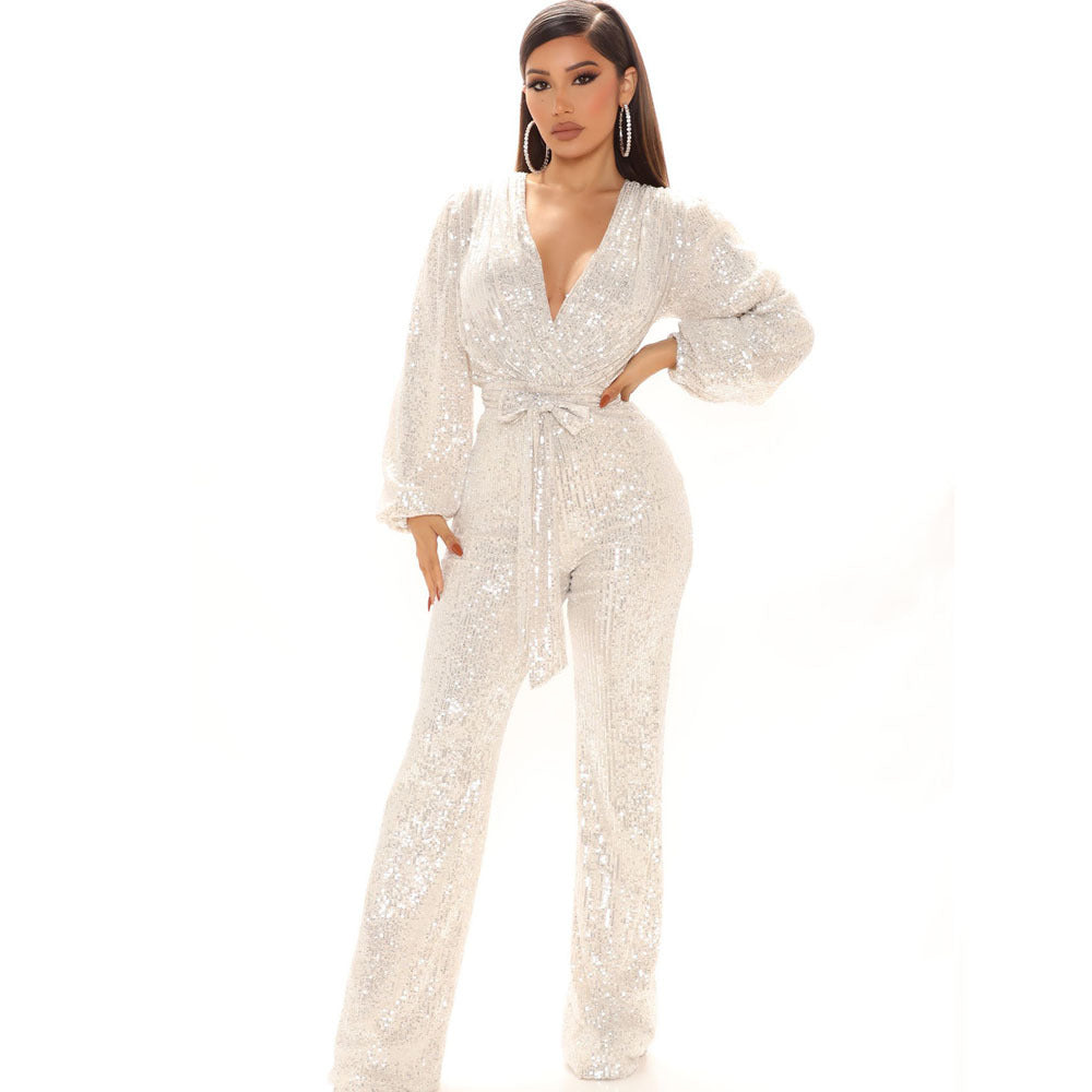 Women Clothing Sexy V-neck Sequined One-Piece Wide Leg One-Piece Trousers