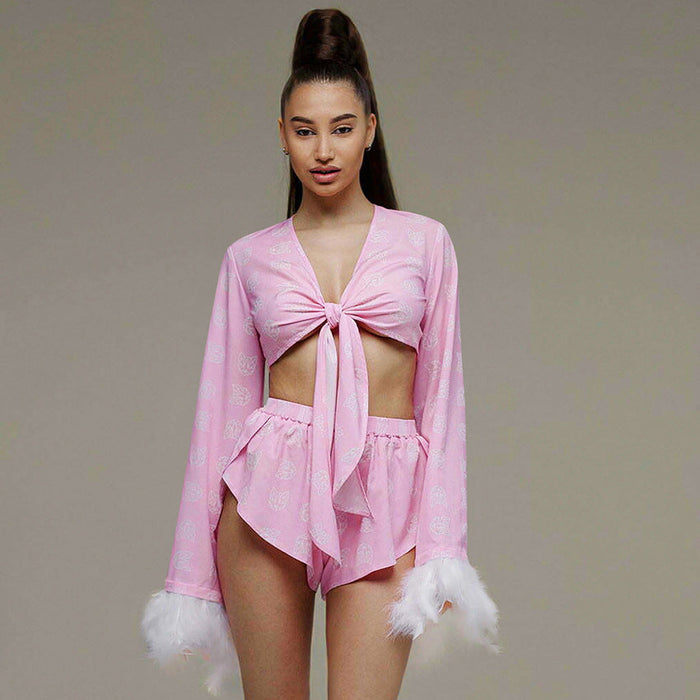 Long Sleeve Shorts Pink Sexy Fluff Two Piece Pajamas Comfortable Thin Ladies Homewear