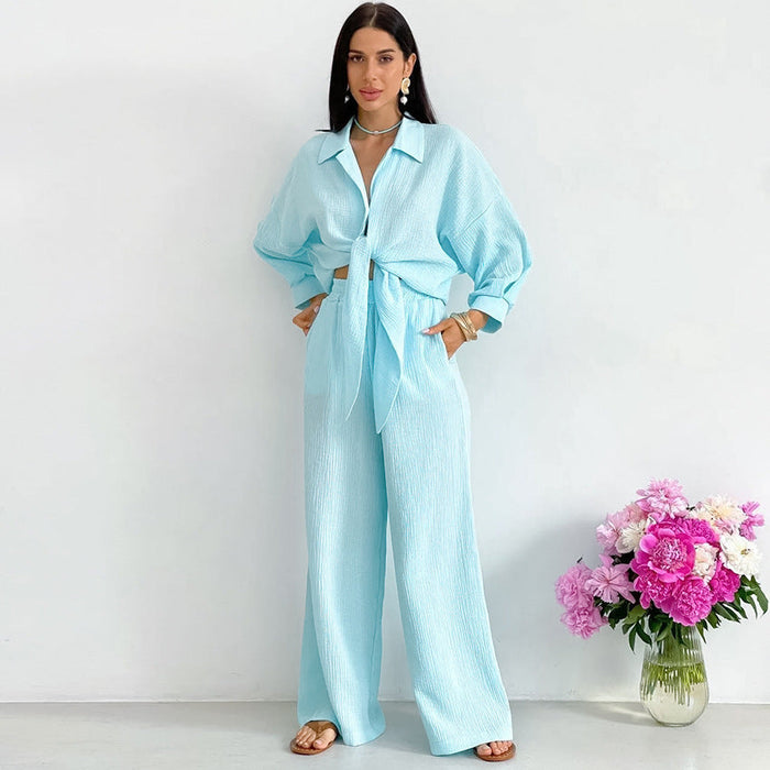 Autumn Double Layer Gauze Pajamas Set Loose Wide Leg Pants Sweet Ladie Homewear Can Be Worn outside