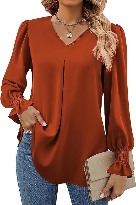 Women Clothing Autumn Winter Solid Color Chiffon Shirt V Neck Pullover Horn Long Sleeve Top Shirt