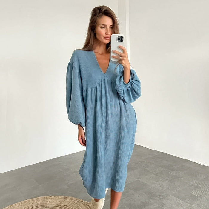 Autumn Double Layer Gauze Cotton V-neck Loose Lantern Sleeve Skin Friendly Pure Cotton Confinement Clothing Ladie Homewear Pajamas