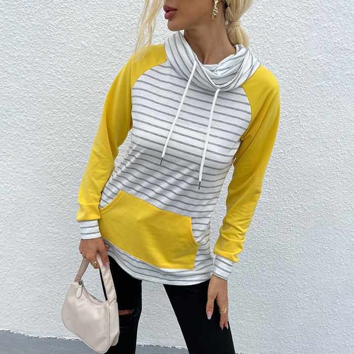 Spring Autumn Women Clothing Mock Neck Stripes Stitching Women Hoodie Top