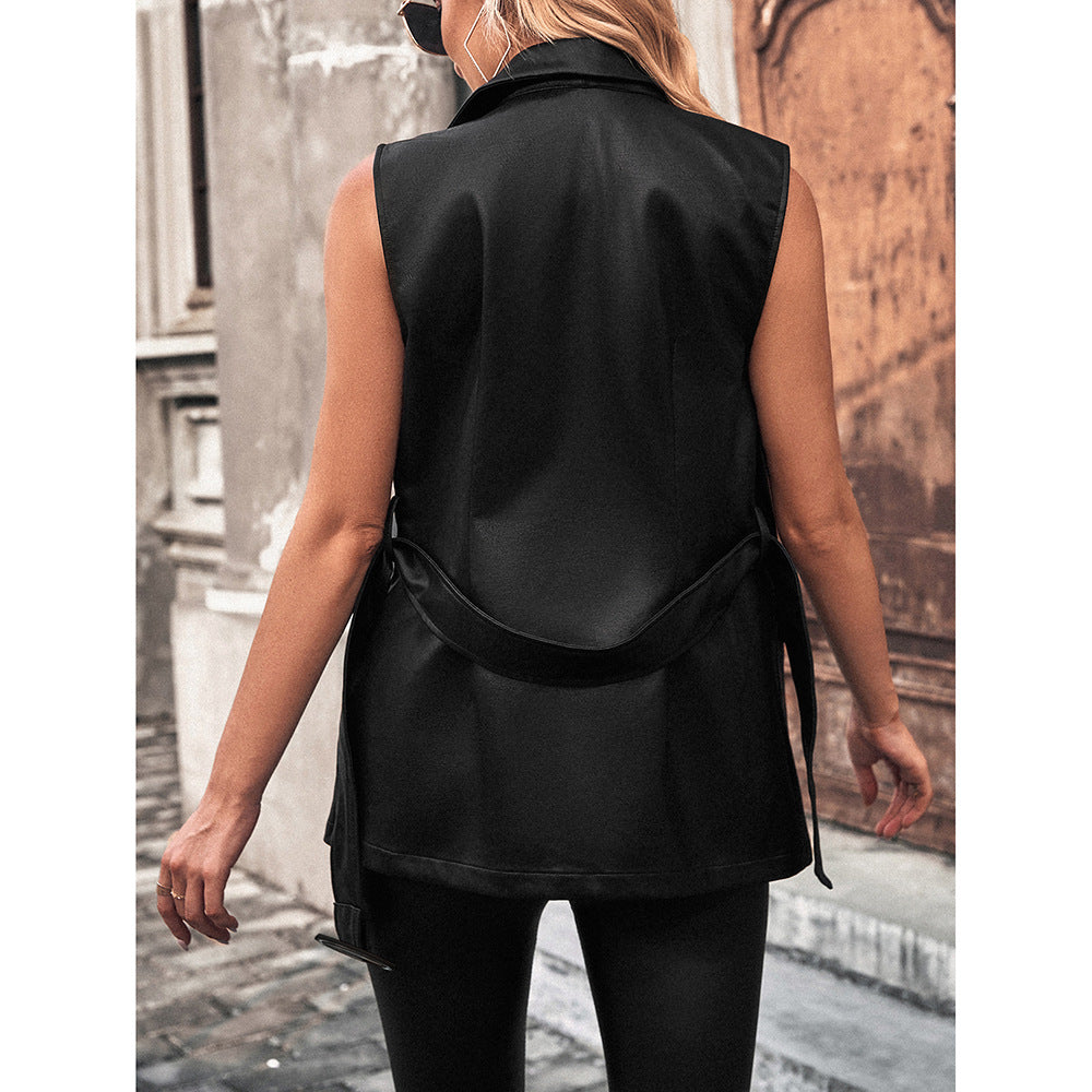 Women Jacket Faux Leather Autumn Winter Sleeveless Mid Length V neck  Slim Fit Slimming Street Outerwear