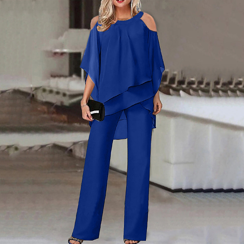 Women Clothing Solid Color Loose Casual Dolman Sleeve Irregular Asymmetric Suit