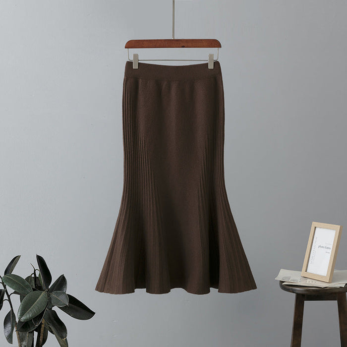 Autumn Winter High Waist Knit Fishtail Skirt Women Elastic A line Skirt Sexy Wrapped Maxi Skirt