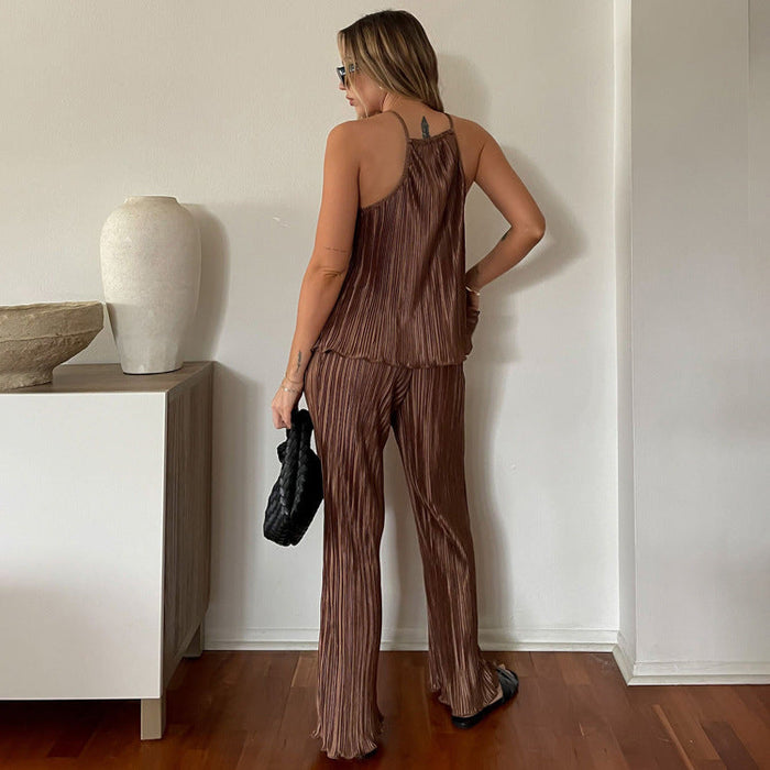 Summer Women Clothing Casual Laid-Back Slimming Pleated Suspender Vest Loose Wide Leg Pants Suit