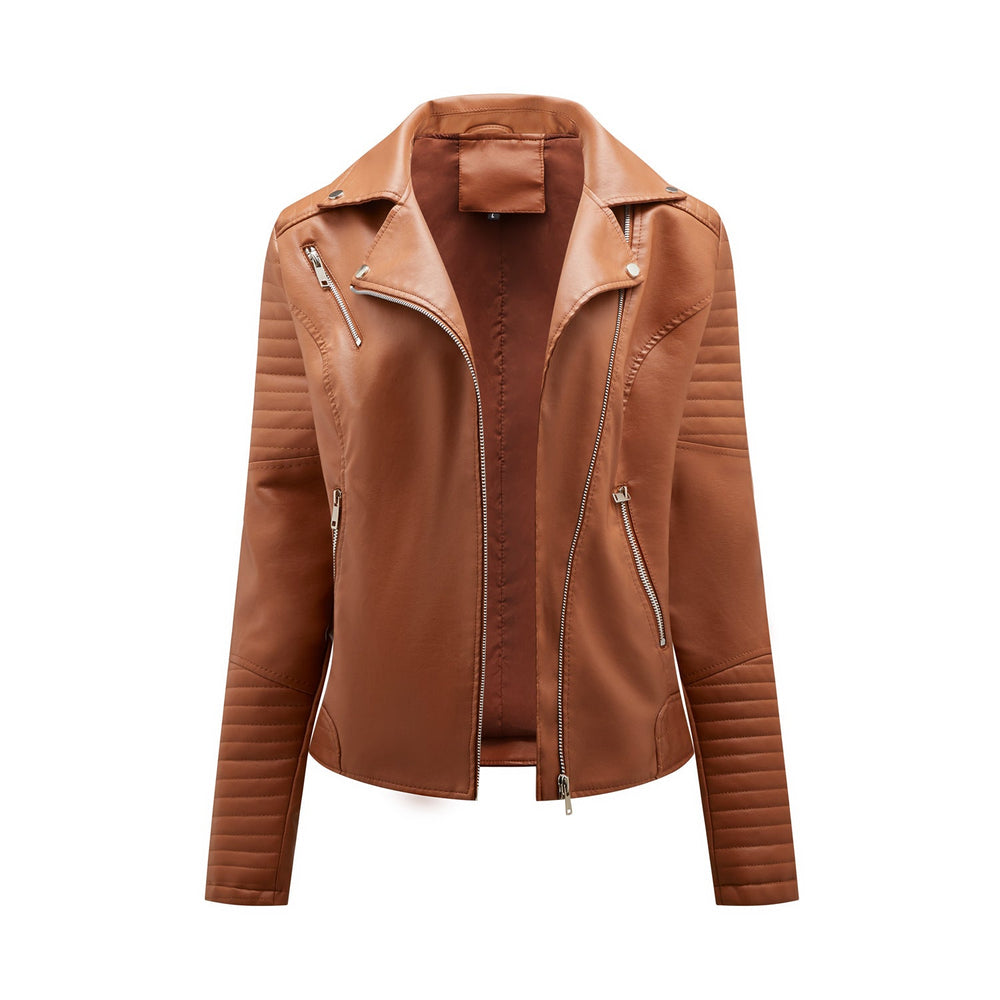 Short Spring Autumn Leather Women European Size Slim Collared Motorcycle Clothing Oblique Zipper Jacket Women Coat