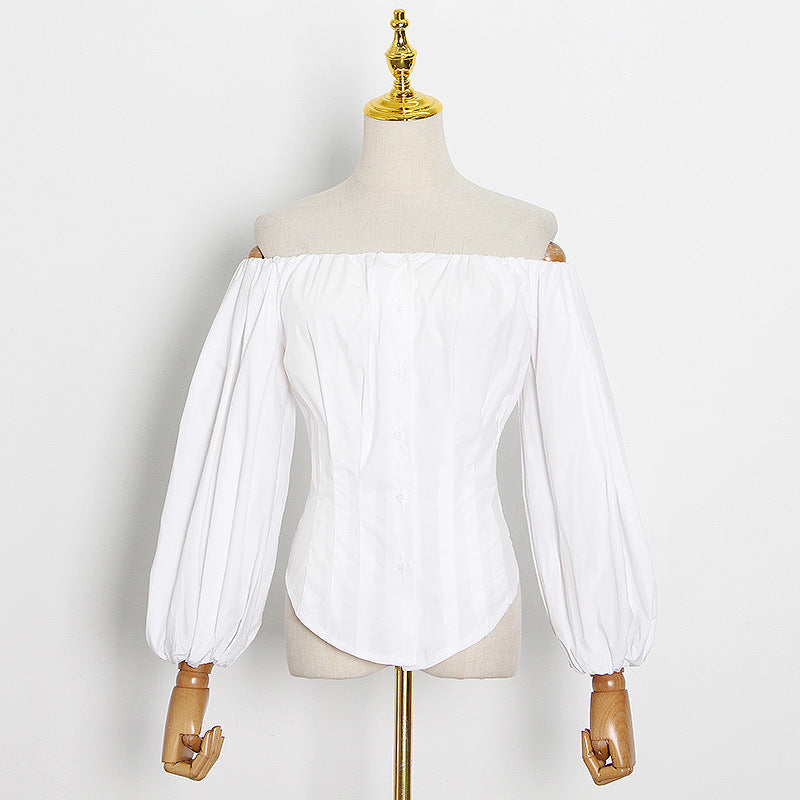 Solid Color Slim Fit Shirt Autumn Lantern Sleeve off Shoulder Single Breasted Shirt for Women
