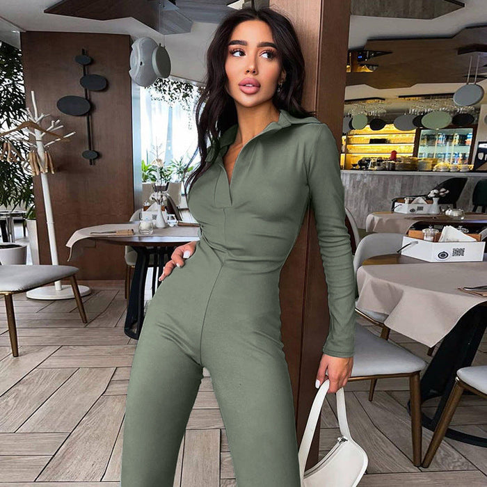 Women Winter Polo Collar Slimming Long Sleeves Casual Wide Leg Pant Jumpsuit