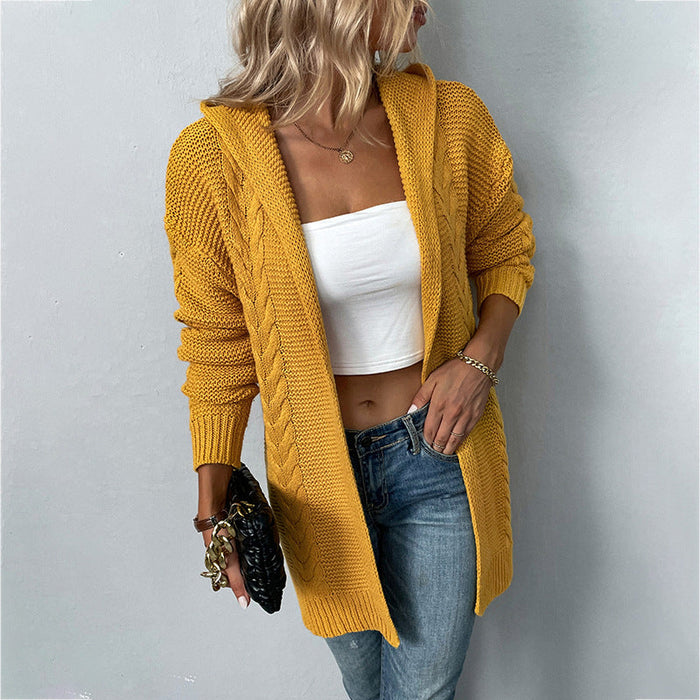 Autumn Winter Solid Color Hooded Twist Knitwear Cardigan Sweater Women Coat