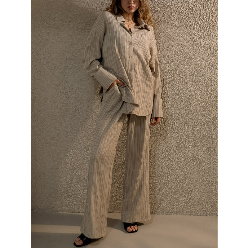 Autumn Winter Popular Casual Pleated Shirt-Style Wide-Leg Pants Suit